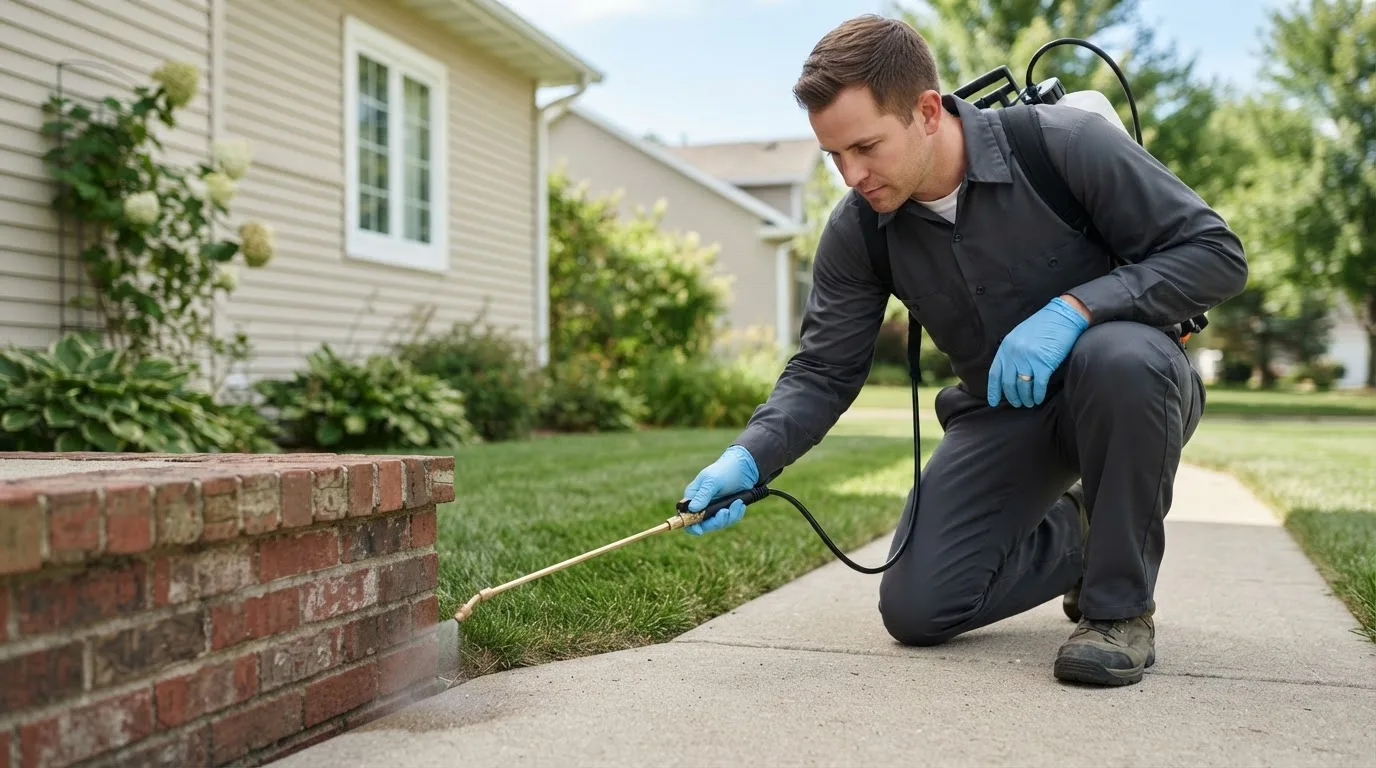 Pest control technician treating a home near Colwell, IA