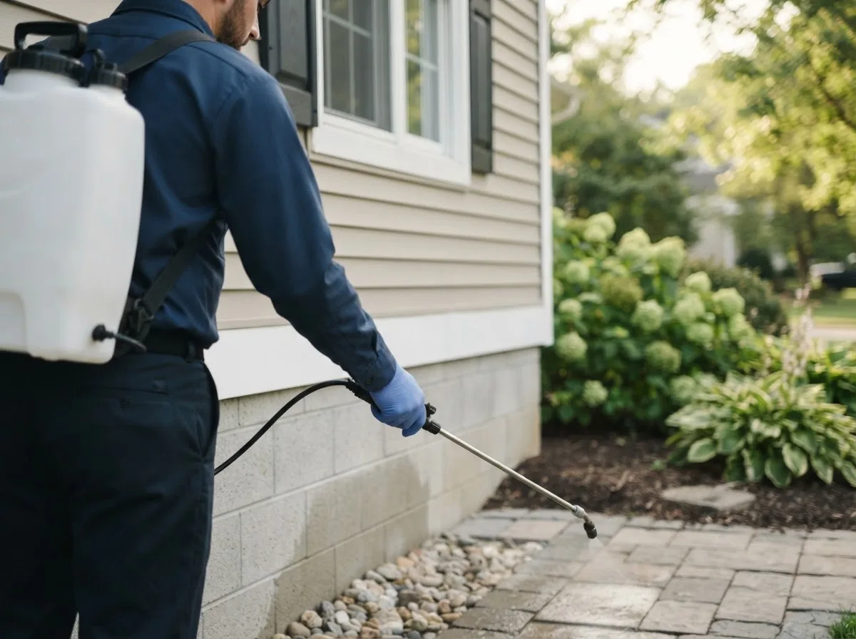 Pest control technician inspecting a home in Colwell, IA